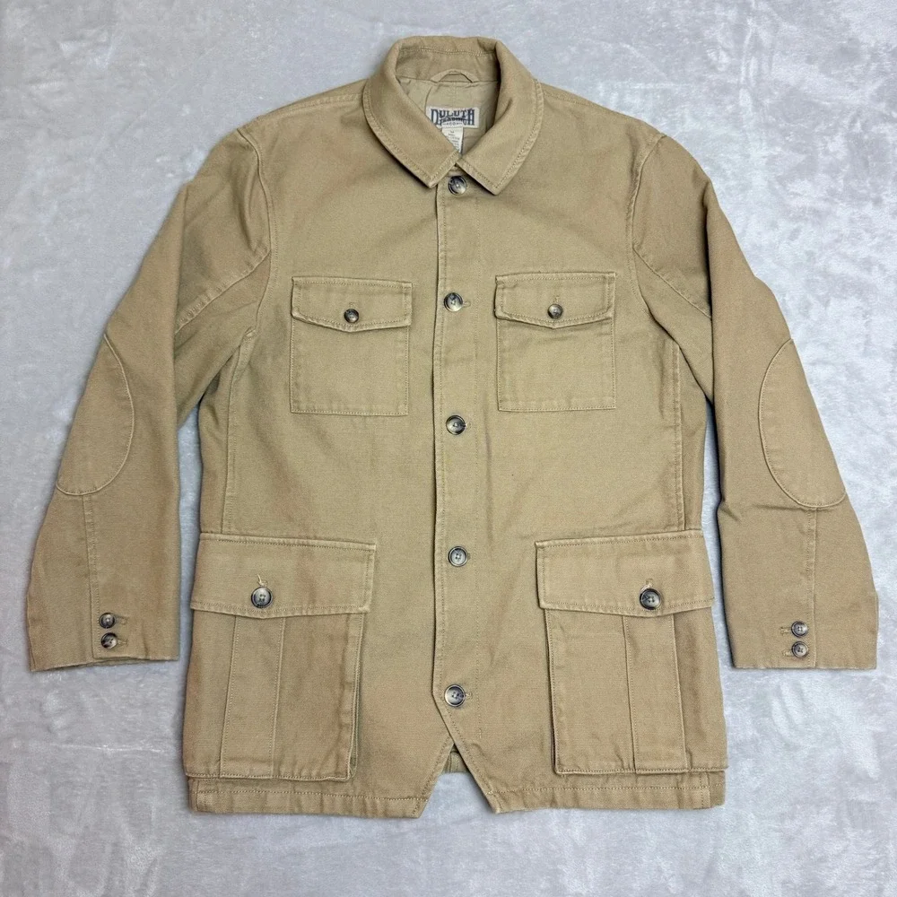 Duluth Trading Blazer Chore Jacket Men M Khaki Canvas Workwear Elbow Patch EUC